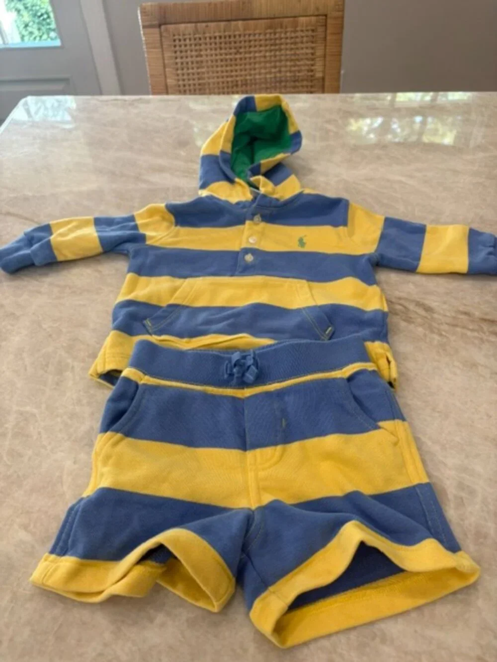 Ralph Lauren Blue and Yellow Striped Hoodie and Shorts, Size 9 Months